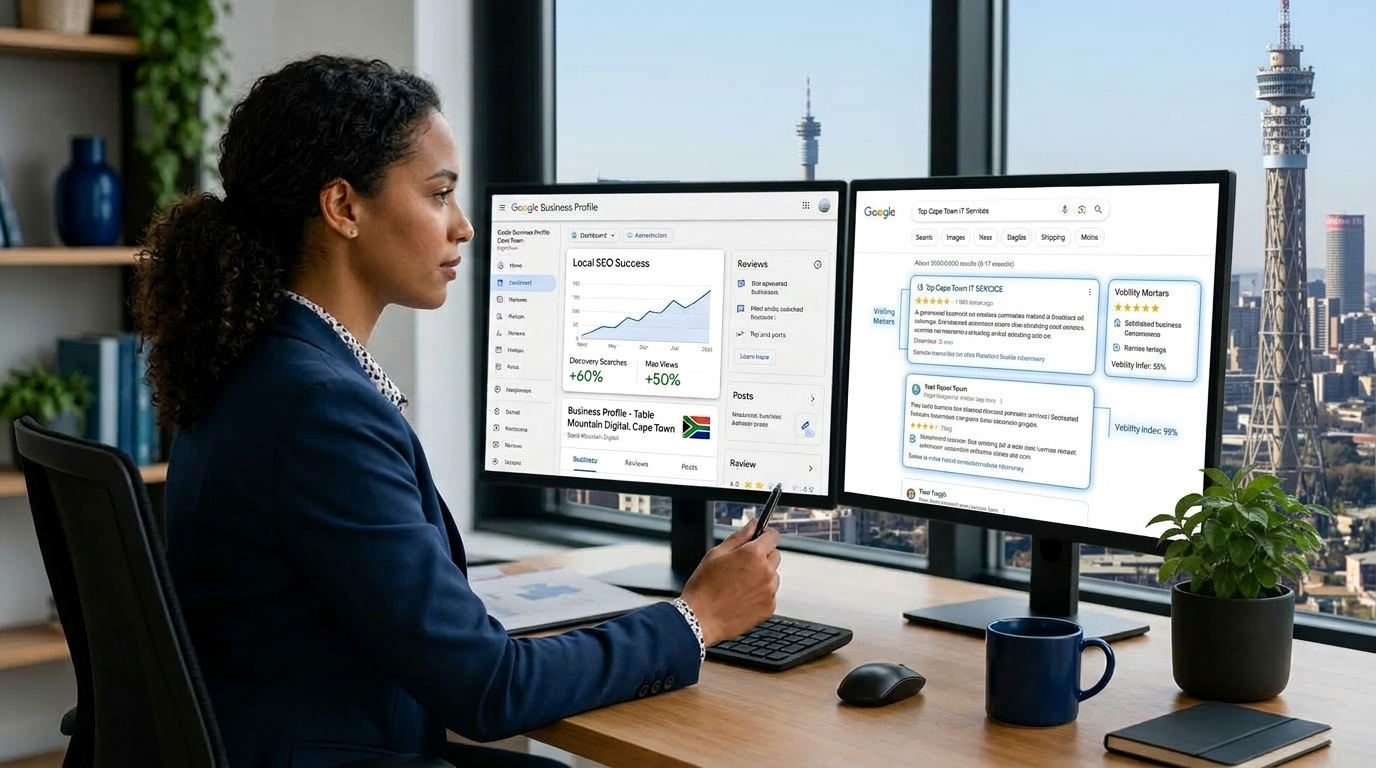 A South Africa website strategist reviewing local search visibility and map performance for a business website